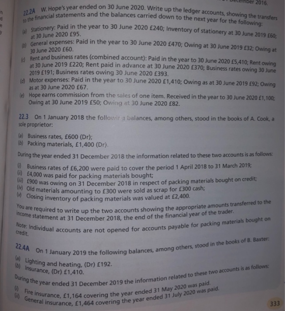 22.24 W. Hopes year ended on 30 June 2020. Write up the ledger accounts, showing the transfers to the financial statements a