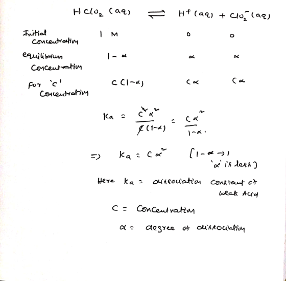 Hclo, (99) = H+ (aq) + Clos (aq) Initial concentration 1 M equilibrium Tax Concentration for Concentration CCle) ka can Ka