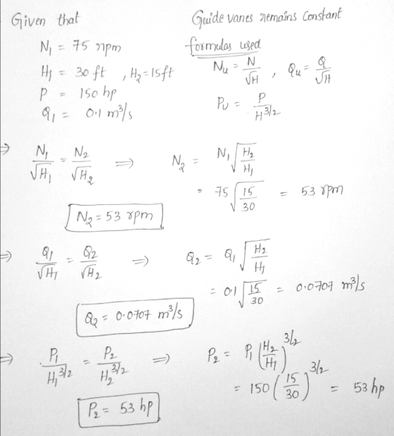 75 rpm Given that N Hi = 30 ft H₂=15ft P = 150 hp 01 = 0.1 m/s Guide vanes nemains Constant formadas used Q Qui SH Pu Nu = N