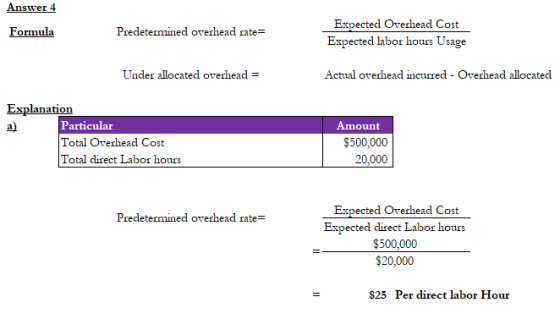 Answer 4 Formula Predetermined overhead rate= Expected Overhead Cost Expected labor hours Usage Under allocated overhead = Ac
