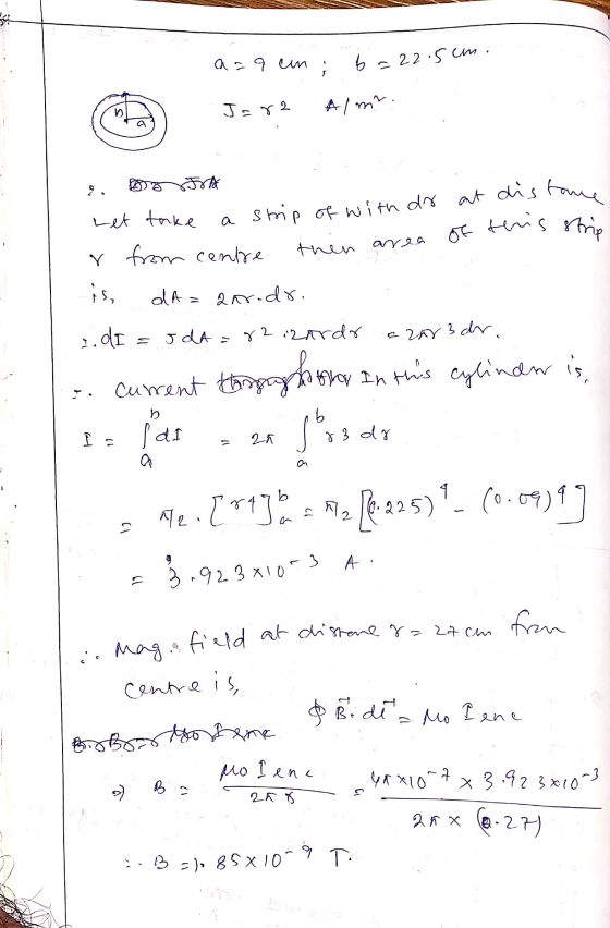 22.5 cm, ち Alm. of tens strip a = q un Jer2 SA at distane Let take area r from contre is, dA=aar.dr. 2. a strip of with dr at