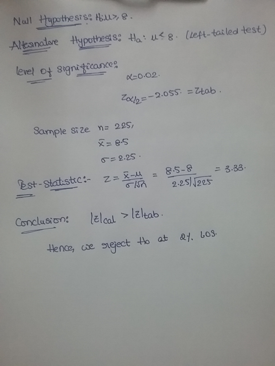 Null Hypothesis: Hiul> 8. Alternative hypothesis: Haues (left-tailed test) level of significance -0.02 2222=-2.055 = tab. Sam