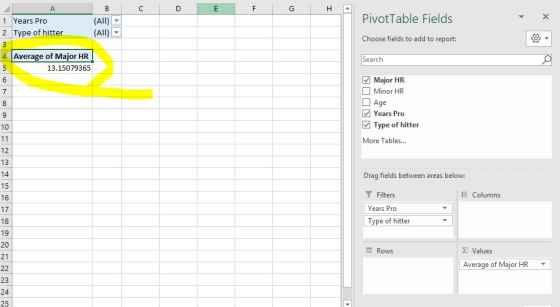 C D E F PivotTable Fields x JB (All) (All) 1 Years Pro 2 Type of hitter Choose fields to add to report: Average of Major HR 1