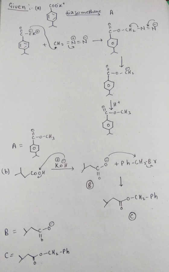 Given . (a) соо к* diazomethane А со - си, Cl2 = N=N ) о 요 Јn * со-си -о-си, А. Кои + Ph-GH₂ Br (6) \cogn 1 (в) о-си,- Ph C)