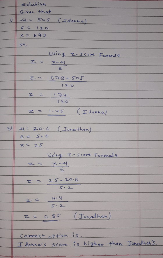 Solutioh Given that 乙 6 てー 6A9 120 2.0 3)11 -u: 20: 6 6= S. 2 (Jona than) Using -score Formula 6 s-2- S.2- Correct oftion is
