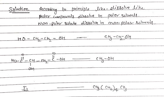 Solution According to prinuple like dissolve like polsy compounds dissolue in polor solvents. Non-polar solute dissolve in no
