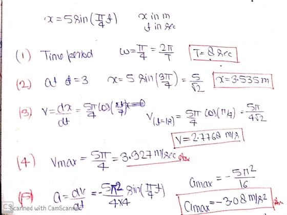 STT-3.927 ml Best 2=58in (A) x in m of in te (1) Timo kertoo (= 1 = 217 T- & hec a=5 gin(95) - s 2 T=3.535m (2) at f=3 (3) v=
