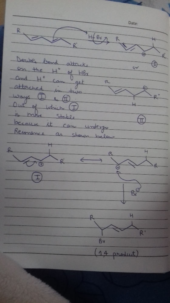 Date: Не Double bond attacks on the H of Hbr. and Ht can attached in two way @en Out of which I is more stable because it can