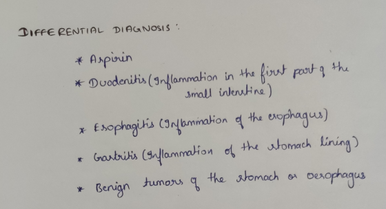 DIFFERENTIAL DIAGNOSIS!. * Aspirin * Duodenitis (Inflammation in the first part of the small intenstine) x Esophagitis (Infla