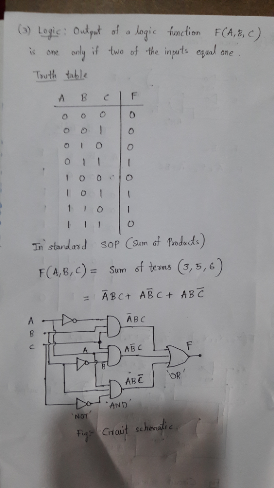 (3) Logic: Output of a logic function F(A, B, C) is one only if two of the inputs equal one. Touth table A B C F 0 0 0 0 0010