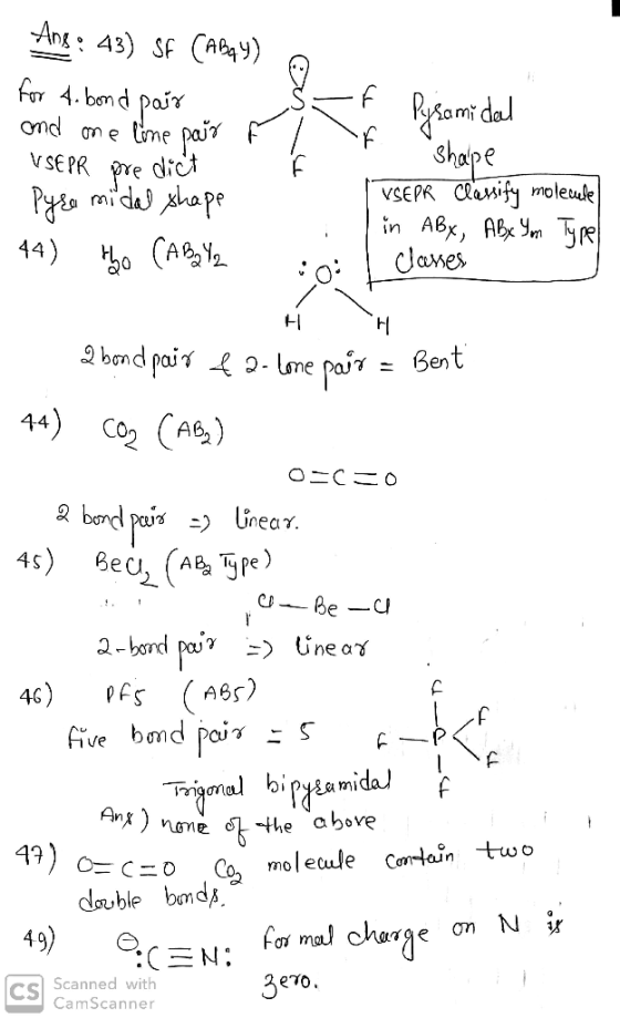 Ang: 43) SF (Abay) for A. bond pair < f Pysami del and me lone pour F I F S - VSEPR predict t shape Pyramidal shape | VSEPR C