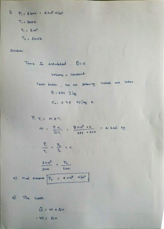 P:9 bar = 2x165 N/m2 T, 300k V, m Ta 60ok Soution insulated o Tonk Valume Constont Laken Values Feam tabla Jovaing ain Far R: