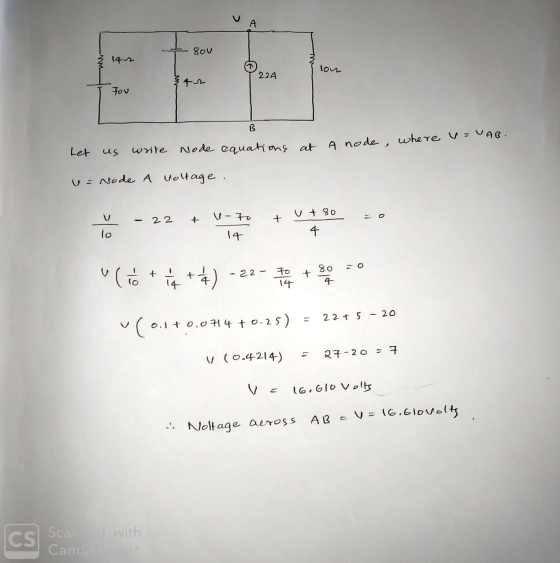 80V lou 224 Fou B Let us write Node equations at A node, where =VAB. u= Node A voltage. I- To 22 + v + 80 4 lo 14 + v (ió +14