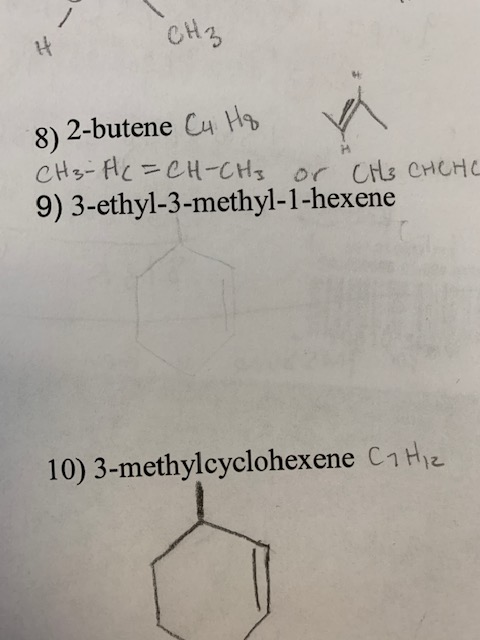 CH3 8) 2-butene Cu H CHs- CH-CHs or CHs CHCHC 9) 3-ethyl-3-methyl-1-hexene 10) 3-methylcyclohexene C1 He