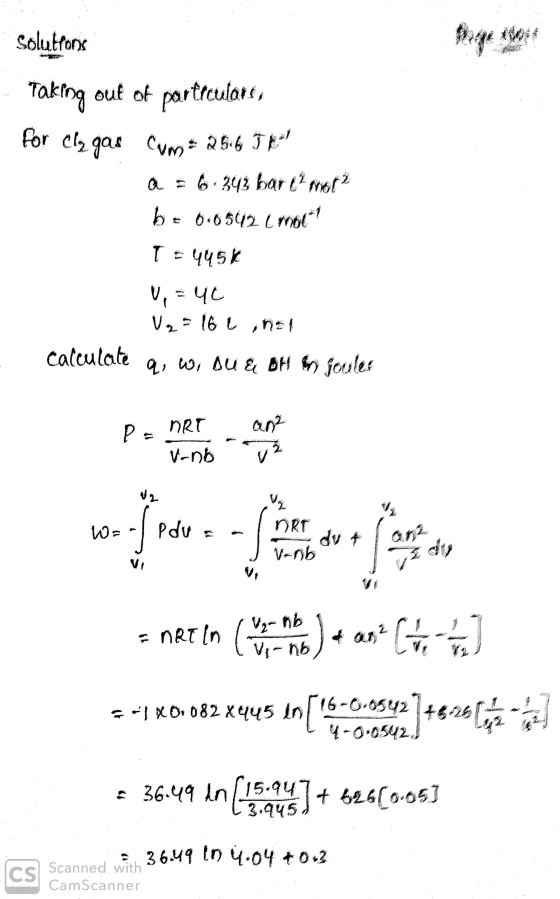 Solutions ge Taking out of particulars, for clą gas cum= 25.6 IK a = 6.343 bar met be 6.0542 imor T-445 V = 4c V = 16 lino1
