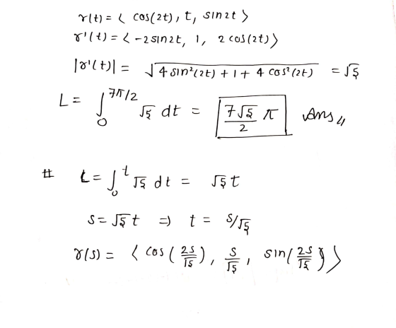 rit) = ( cos(2t), t, sinat) gilt) = < -2sın2t, 2 cos (2t)) 10(t)) = 14 sin212t) + 1 + 4 COS? (27) =ş LE 1/2 E dt = 755 T Ans