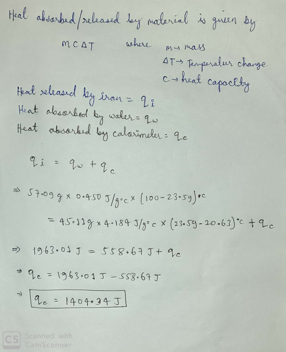 Heal absorbed /released by material is given by - MCAT where mo mass AT Temperatur change c Heat released by iron - Qi Heat a
