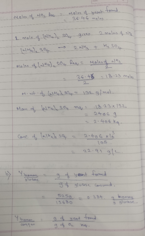 Moles of NH₃ hea tormed. moles of yeast = 36.46 moles 1 mole of W/44)₂ Sou gives 2 moles of NH (alla), so → 2NH3 + H₂SO4 Mole