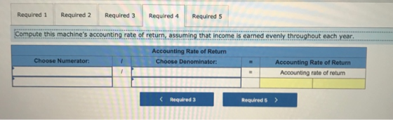 Required 1 Required 2 Required 3 Required 4 Required 5 Compute this machines accounting rate of return, assuming that income