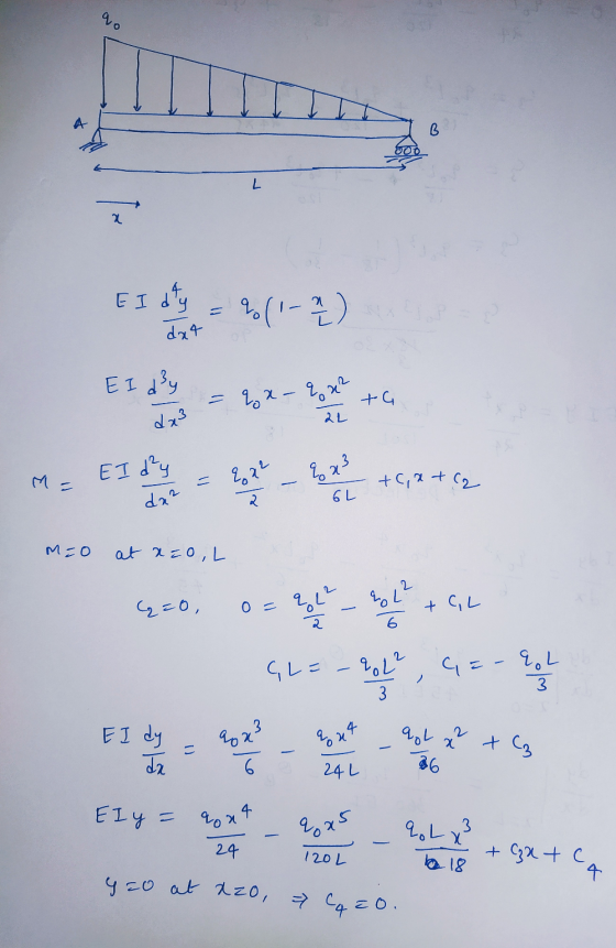 y=0 at azo, 42o. 9. A B L x EI dry %(1-2) dat EI dy 2 x-q x2 +G da3 AL M= EI dy da? 8x2 & x3 +Cat (2 6L MEO at aco, L 2 ₂=0,
