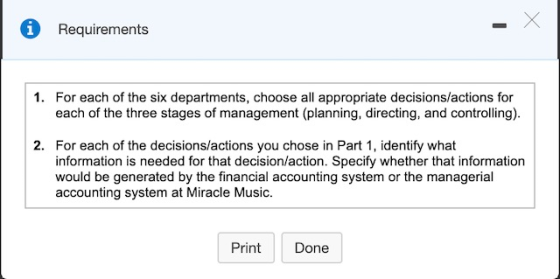 i Requirements 1. For each of the six departments, choose all appropriate decisions/actions for each of the three stages of m