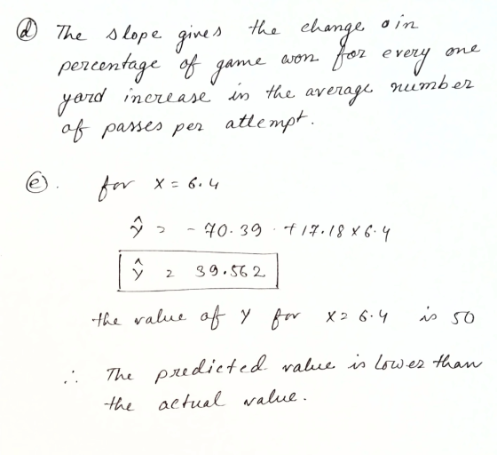 @ The slope gives the change oin percentage of game won for every one yard increase in the average number of passes per attem