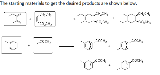 The starting materials to get the desired products are shown below, CH2CH3 сн»Сн, W CH2CH2 + | + co2CH3 COCHE CO CH3 7. o por