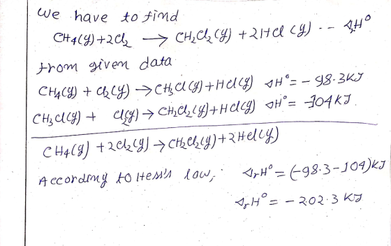 We have to find CH4(%) +2012 > CH, Cl (4) +21ccy) -- 1° from given data CH469) + ck (Y) = CH3 (J) +HULCI) OH= -98.3kJ CH, C9
