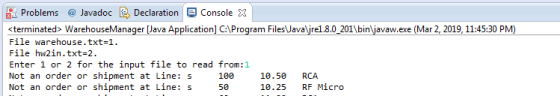 EL Problems @ Javadoc G. Declaration 모 Console X aw.exe (Mar 2, 2019, 11:45.30 PM <terminated> WarehouseManager Java Applicat