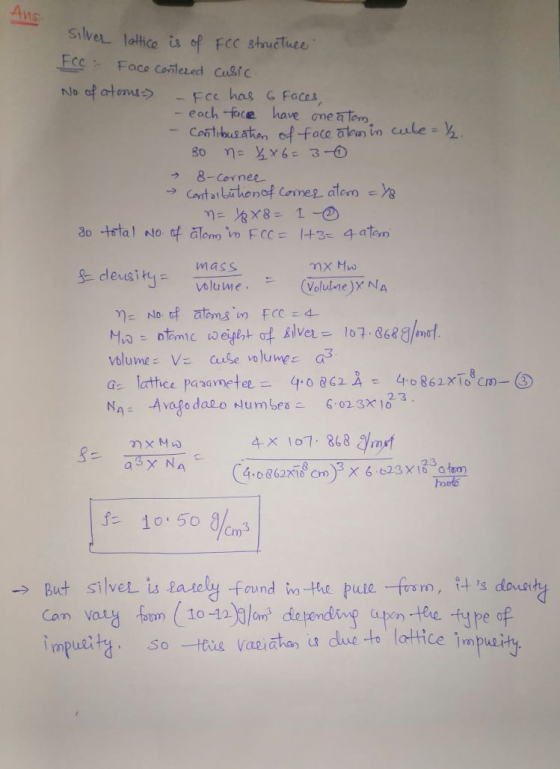 Silver lattice is of FCC structure Fcc Face contered Cusic. No of atoons - Fee has 6 faces, - each face have one atom, Contib