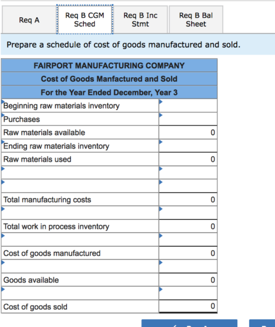 Req A Req B CGM Sched Req B Inc Stmt Reg B Bal Sheet Prepare a schedule of cost of goods manufactured and sold. FAIRPORT MANU