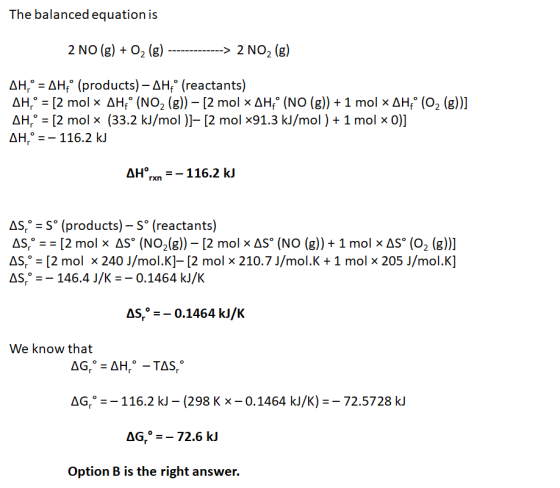 The balanced equation is 2 NO (g) + O2 (g) -------------> 2 NO2 (g) AH,° = AH (products) – AH° (reactants) AH,° = [2 mol x AH