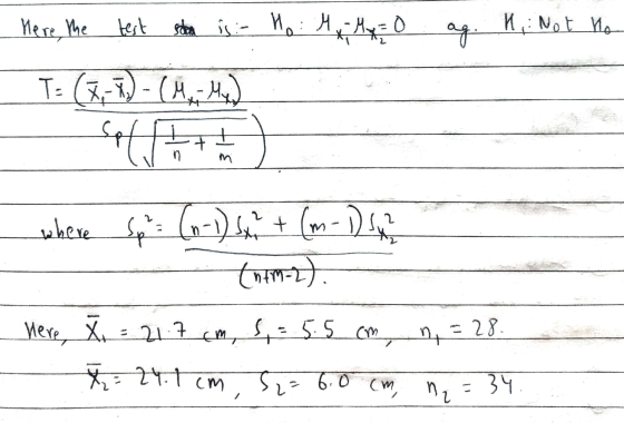 ag. I, Not no Here, the test show is - Ho: M M = 0 - T= (1, 2) - (M, M4) where Spe= (n-1) s + (m-1) 42 _ tntm-2). Here, X = 2