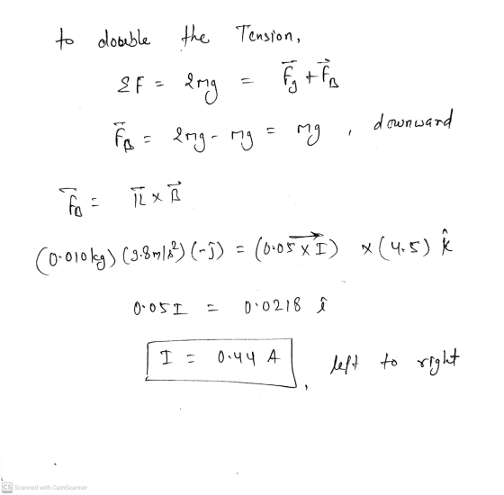to double the Tension, Eg tin EF = 2mg downward fo = lng-mg = mg fo Tix Co-oloky) (3.8m|23) (-5) = (0.05x I) X(4.5) Ã 0.05I -
