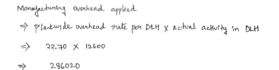 Manufacturing overhead appleed > Plantw, de overhead rate per DLH y actual activity in OLH 22.70 X 12600 286020 X