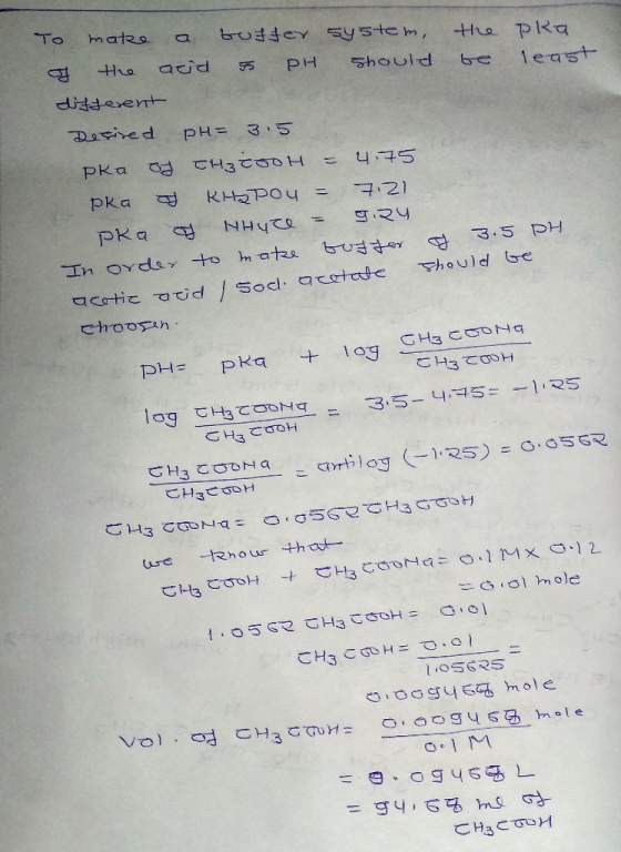 To make a buffer system, the Pra of the acid & PH should be least different Desired pH= 3.5 pka of CH3COOH = 4.75 pka a KHAPO