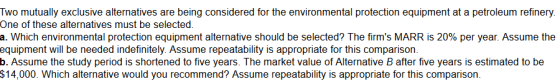 Two mutually exclusive alternatives are being considered for the environmental protection equipment at a petroleum refinery.