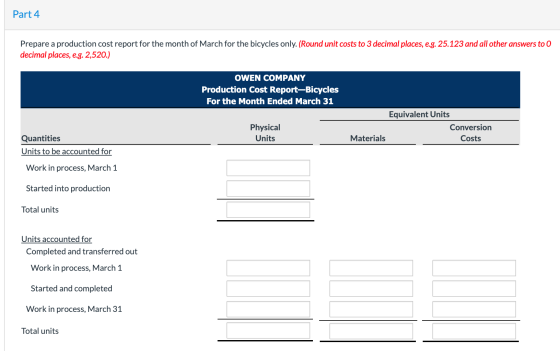 Part 4 Prepare a production cost report for the month of March for the bicycles only. (Round unit costs to 3 decimal places,