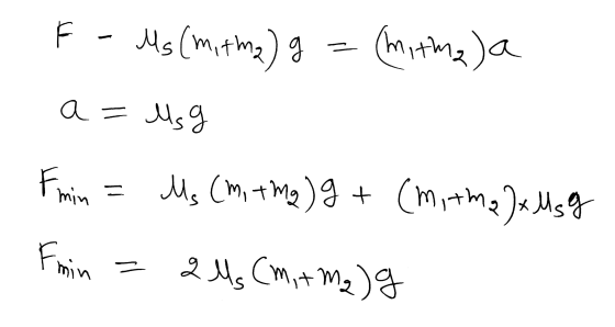 F - Ms (M, + m2) g = (mithing) a a = 459 Emin = Ms (m, +Mg) g + (mitmax Msg min = 2M (M + M2) g