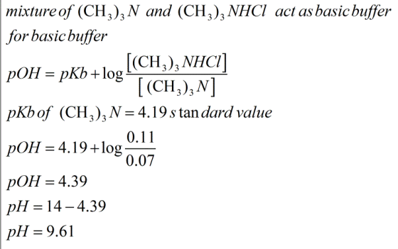 mixture of (CH3),N and (CH3)NHCl act as basicbuffer for basic buffer pKbof (CH3)3Ņ= 4.19 standard value pOH= 4.19+10g007 pOH