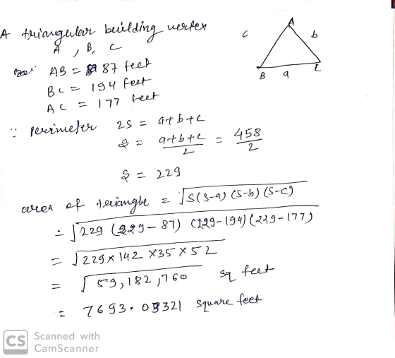 C b A triangular building werfer A , B, B, C me AB = 80 87 feet B 9 BLE 194 feet AC = 177 feet 2S = perimeter at btc atbote
