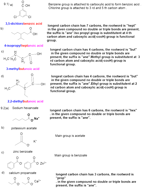9.1) a) Č-OH Benzene group is attached to carboxylic acid to form benzoic acid. Chlorine group is attached to 3 rd and 5 th c