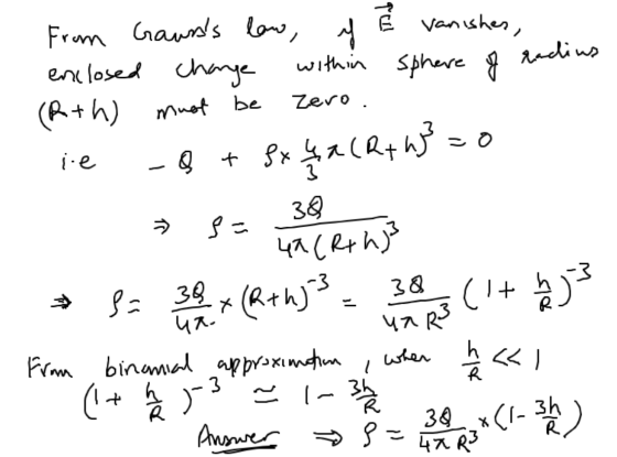 From Gawnss law, y vanishes, enclosed change within sphere of radius (R+h) must be zero. ie -Q + fx qa (Rt h} = 0 m - un R3
