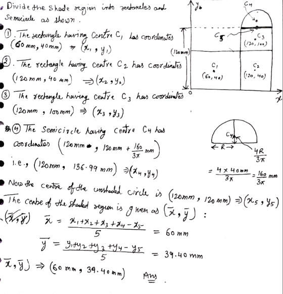T (120,40) Divide the shade region into sectaneles and Semicircle as shown 0. The sectangle having Centre C, las coordinates