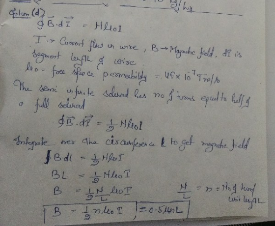 ofton (d) Who B. di Hleol I Current flow in wire, B Magnetic field, di is Segment length of wire leo - free space permeabilit