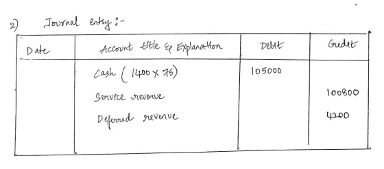 2 Journal Date I Debit Gedet entry : - Account title & Explanation Cash ( 1400 x 76) Service revenue Deferred revenue 105000