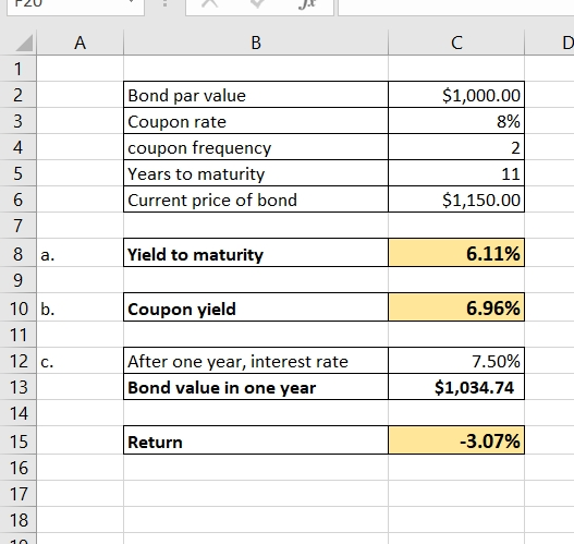 P20 B / $1,000.00 8% Bond par value Coupon rate coupon frequency Years to maturity Current price of bond $1,150.00 8 a. Yield