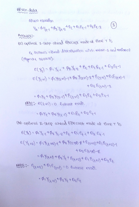 Given data Gluen equation Ye Diy Ly+02Yt2 teto, &- 1 + 2 era Answer (@).optimal y-step ahead folecast mode at time Tig et fol