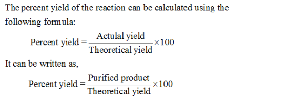 The percent yield of the reaction can be calculated using the following formula: Actulal yieldx100 Theoretical yield Percent