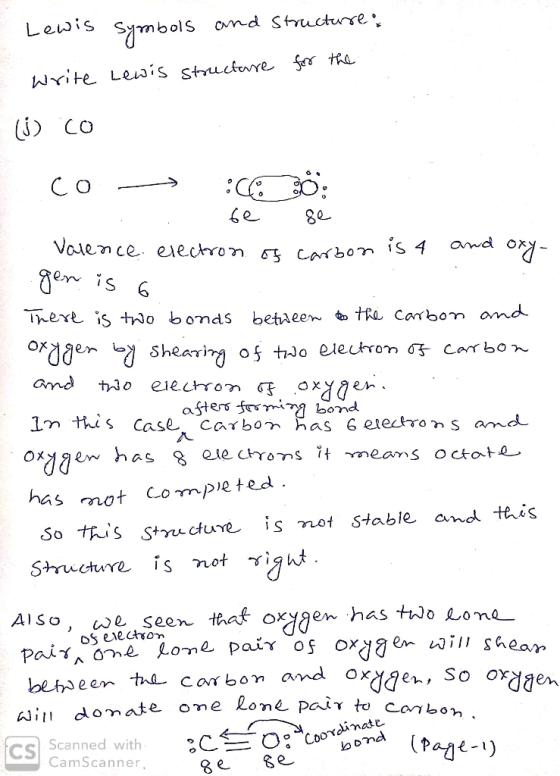 Lewis Symbols and Structure: write Lewis structure for the (1) co co : do: C . be se Valence electron of carbon is 4 and oxy-